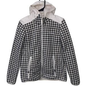 Columbia Houndstooth Ivory Black Hooded Zip up Jacket Size Medium side pockets